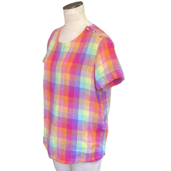Lands End Linen Rainbow Plaid Button Shoulder Lagenlook Top Sz L #141P - Picture 3 of 8